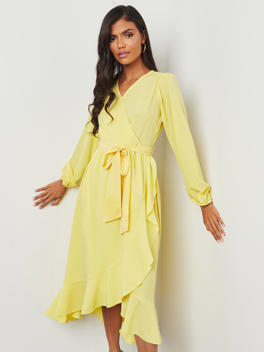 Long Sleeves Wrap Style Midi Dress with ...